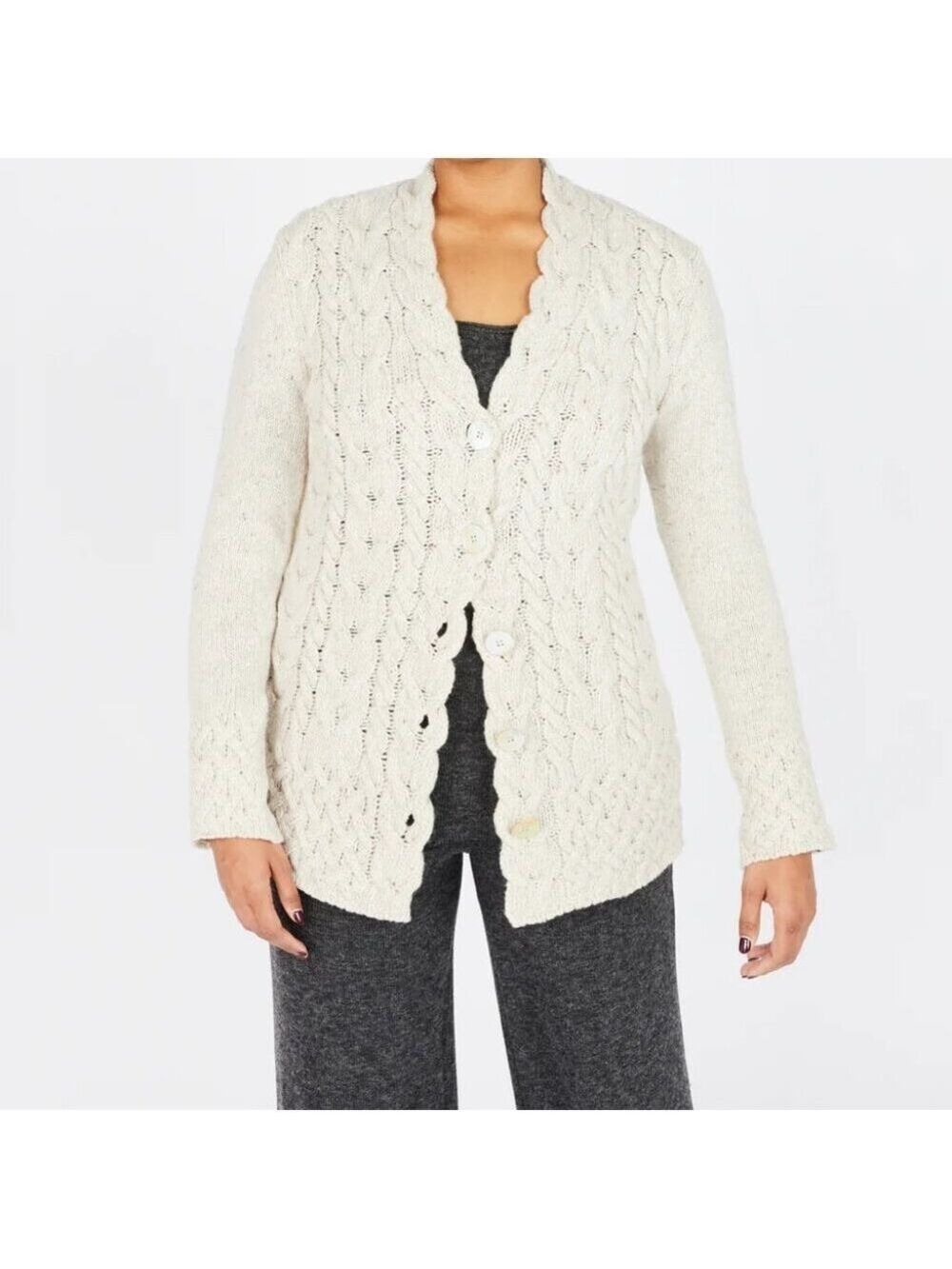 IrelandsEye Wool Cashmere Horseshoe Cable Cardigan M